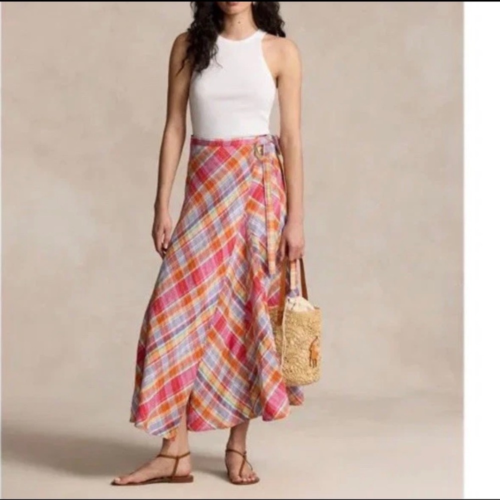 Polo Ralph Lauren Madras Plaid Wrap Skirt 14 A-Line Multi Color Linen Maxi